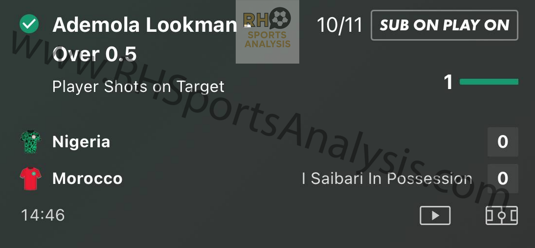 Ademola Lookman Over 0.5 Shots on Target winning slip from Nigeria vs Morocco AFCON semi-final