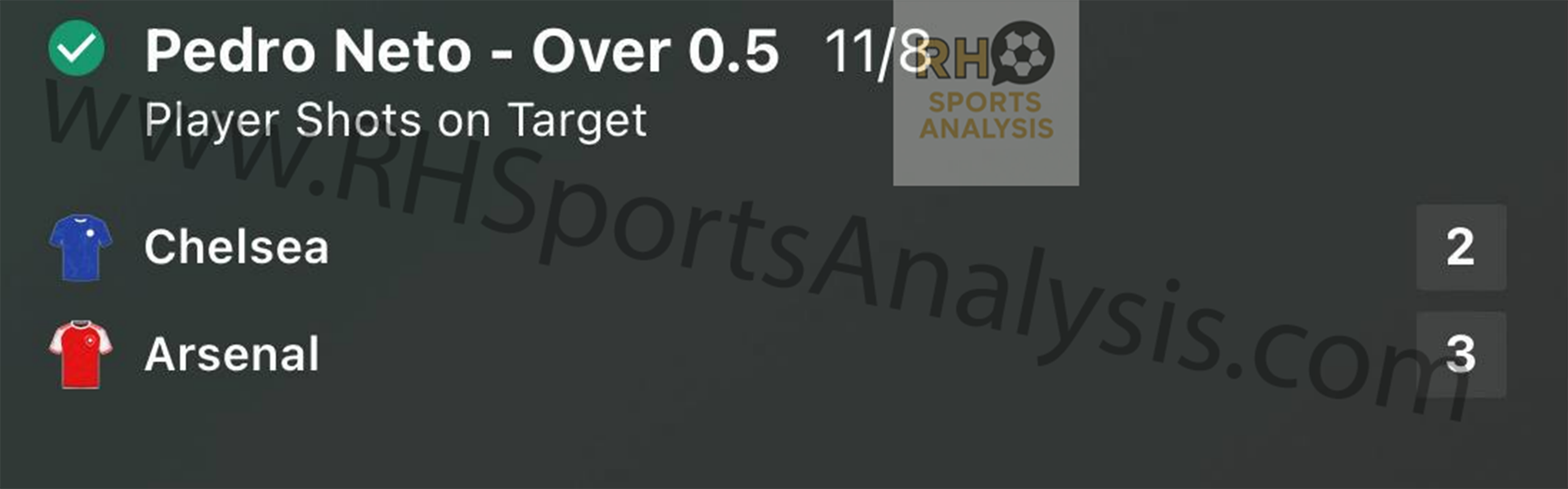 Pedro Neto Over 0.5 Shots on Target winning slip from Chelsea vs Arsenal