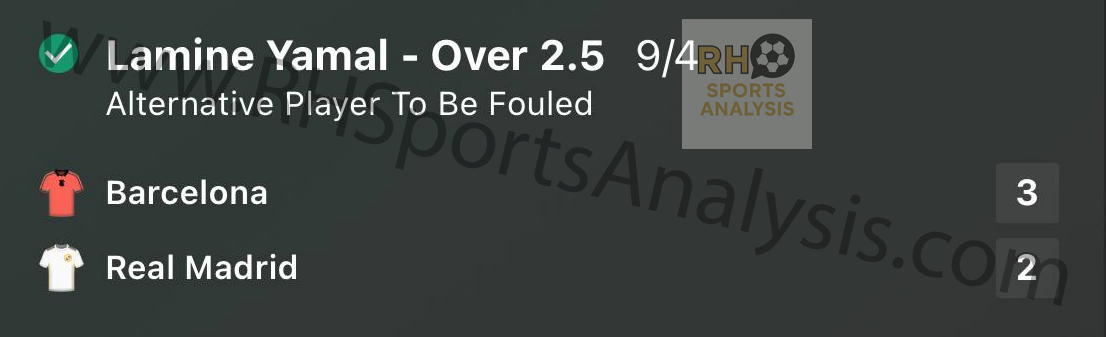 Lamine Yamal Over 2.5 Fouls winning slip from Barcelona vs Real Madrid Supercopa Final