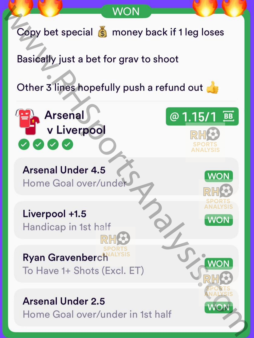 Arsenal vs Liverpool copy bet winner at 1.15/1 Gravenberch shot Arsenal unders