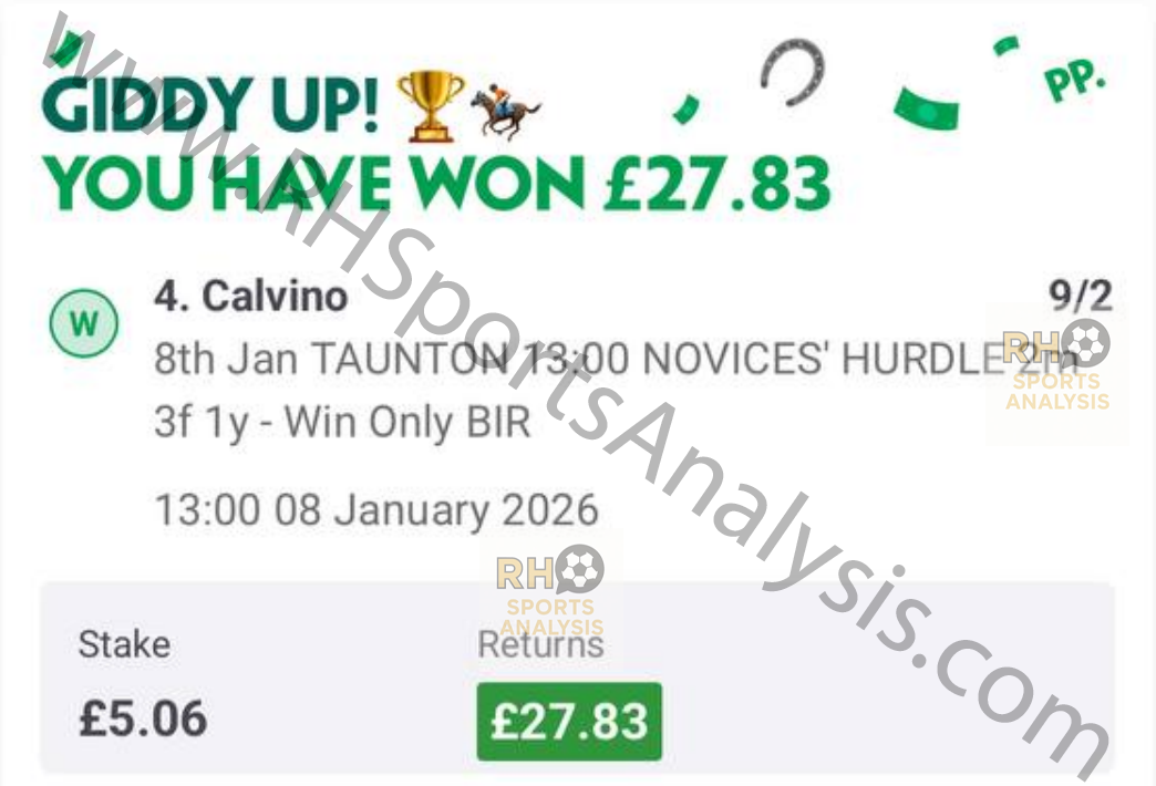 Calvino winner at 9/2 Taunton Novices Hurdle January 2026