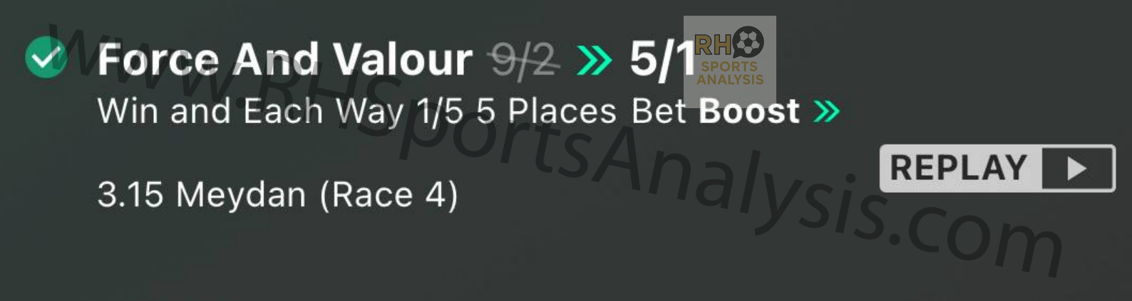 Force and Valour winner at 5/1 each way Meydan We One Handicap January 2026