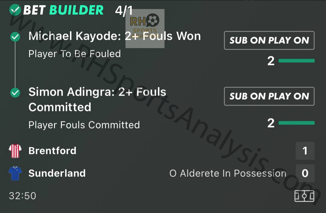 Bet builder Kayode 2 fouls won Adingra 2 fouls committed winner at 4/1 Brentford vs Sunderland