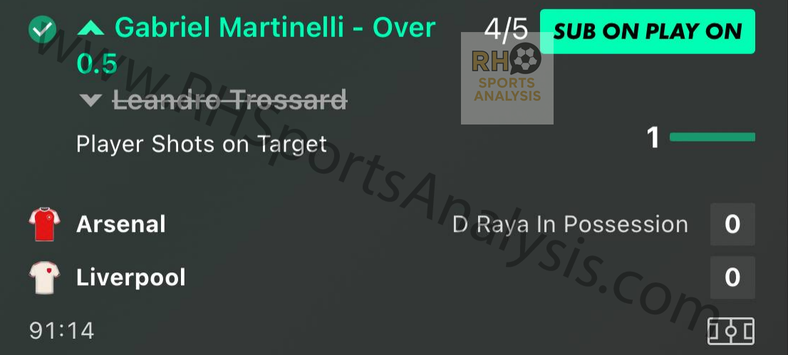 Gabriel Martinelli over 0.5 shots on target winner at 4/5 Arsenal vs Liverpool Premier League