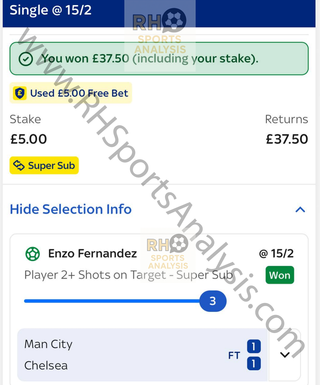 Enzo Fernandez 2+ shots on target winner at 15/2 odds Man City vs Chelsea