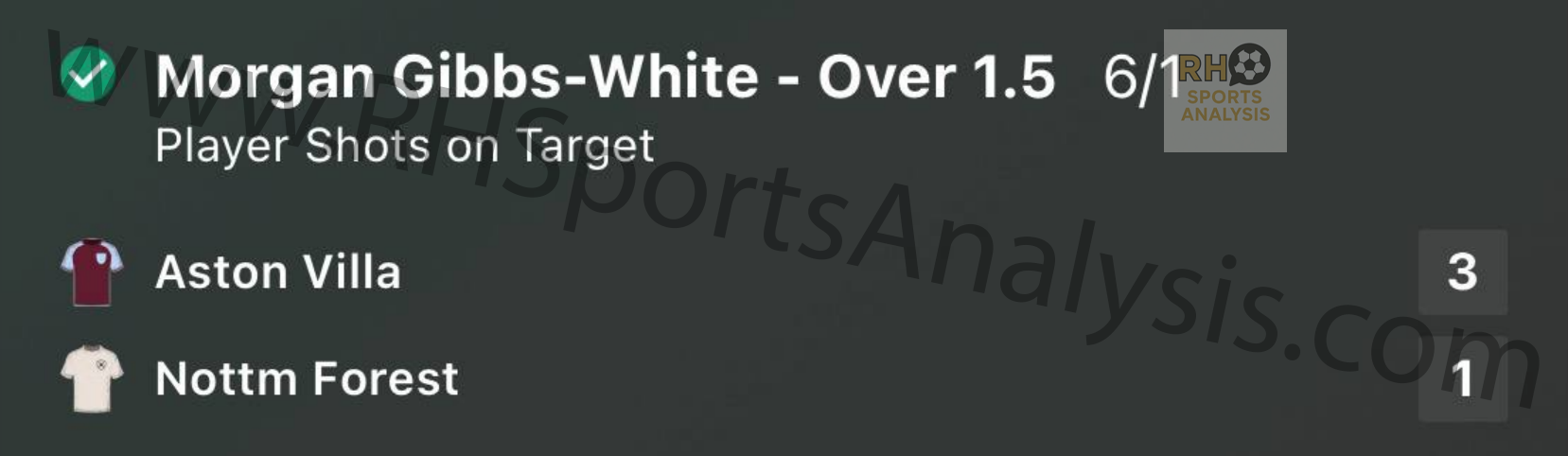 Morgan Gibbs-White over 1.5 shots on target winner at 6/1 odds Aston Villa vs Nottingham Forest