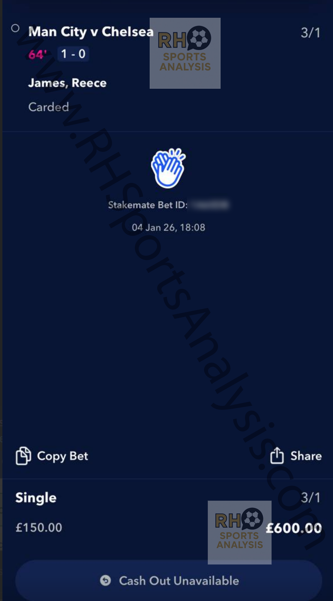 Reece James booking winner via Stakemate £150 stake returning £600