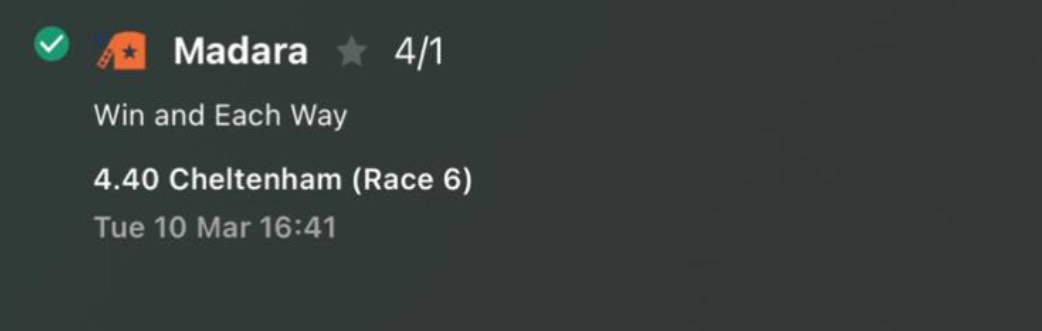 Madara winner at 4/1 Sun Racing Festival Plate Handicap Chase Cheltenham Festival 2026 Day 1