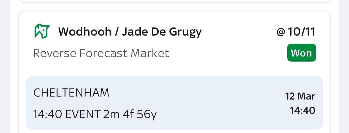 Wodhooh Jade De Grugy reverse forecast winner 10/11 Cheltenham Festival 2026 Day 3