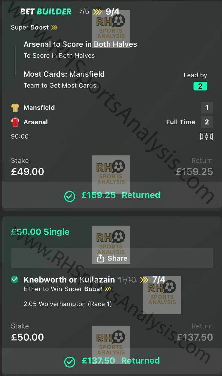 Mansfield vs Arsenal FA Cup bet builder betslip at 9/4