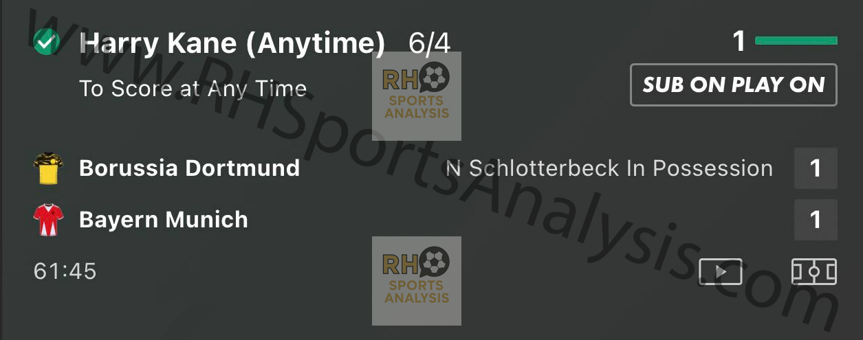 Harry Kane anytime scorer betslip at 6/4 Dortmund vs Bayern Munich Bundesliga
