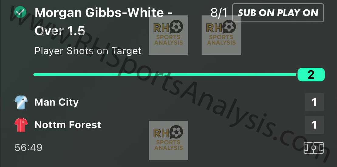 Morgan Gibbs-White over 1.5 shots on target betslip at 8/1 Man City vs Nottingham Forest Premier League