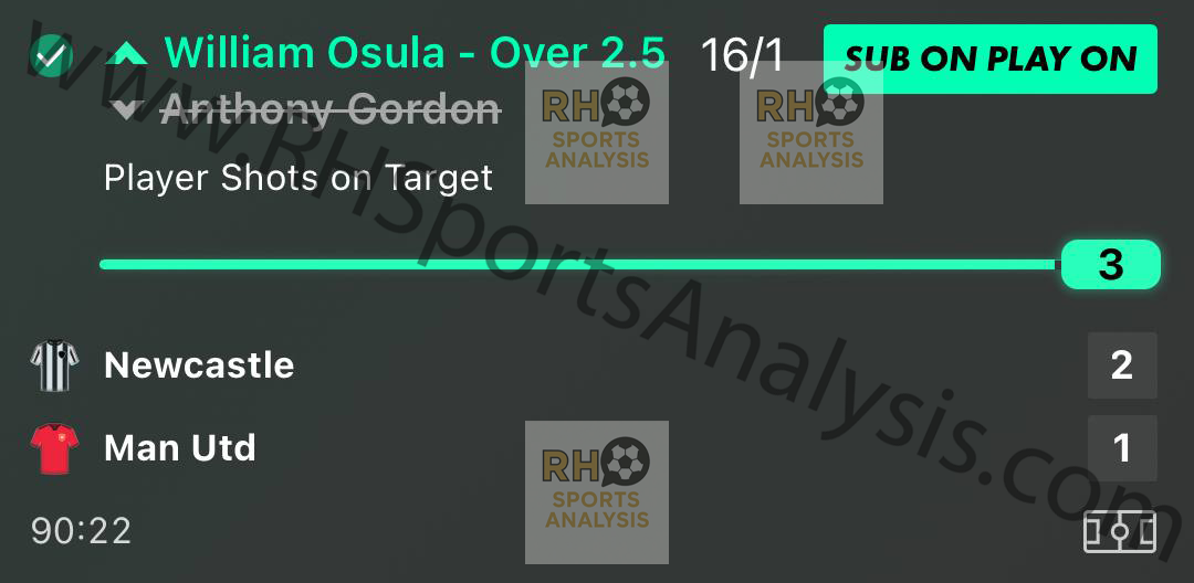 William Osula over 2.5 shots on target betslip at 16/1 Newcastle vs Manchester United Premier League