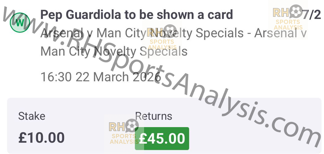 Pep Guardiola to be shown a card betslip at 7/2 Arsenal vs Man City Carabao Cup Final
