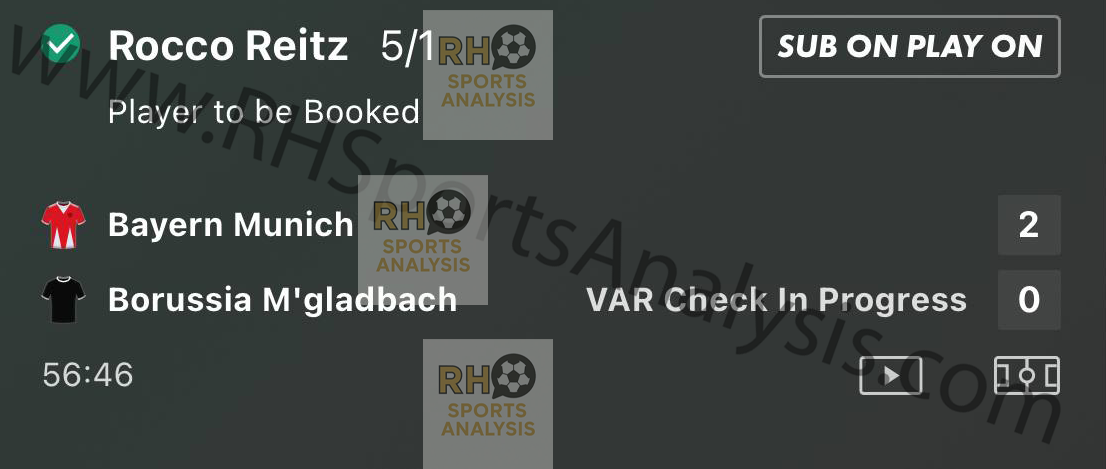 Rocco Reitz to be carded betslip at 5/1 Bayern Munich vs Monchengladbach Bundesliga