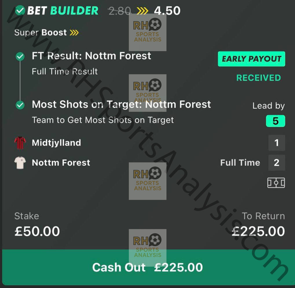 Nottingham Forest Super Boost betslip at 4.50 Midtjylland vs Forest Europa League