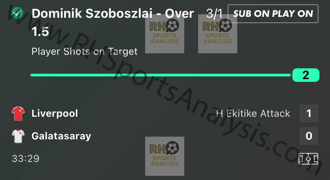 Dominik Szoboszlai over 1.5 shots on target betslip at 3/1 Liverpool vs Galatasaray Champions League