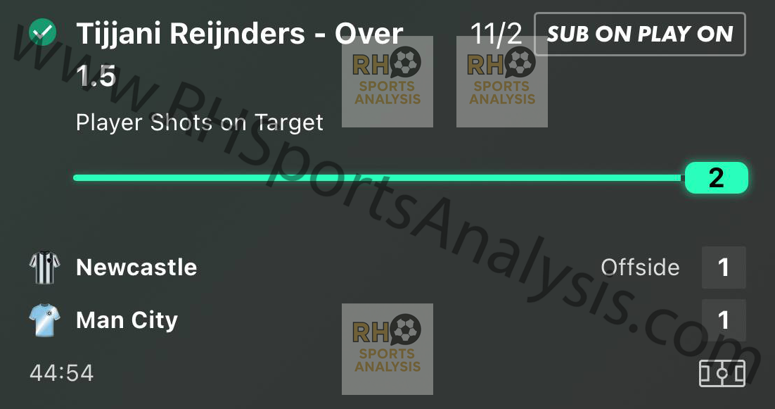 Tijjani Reijnders over 1.5 shots on target betslip at 11/2 Newcastle vs Man City FA Cup