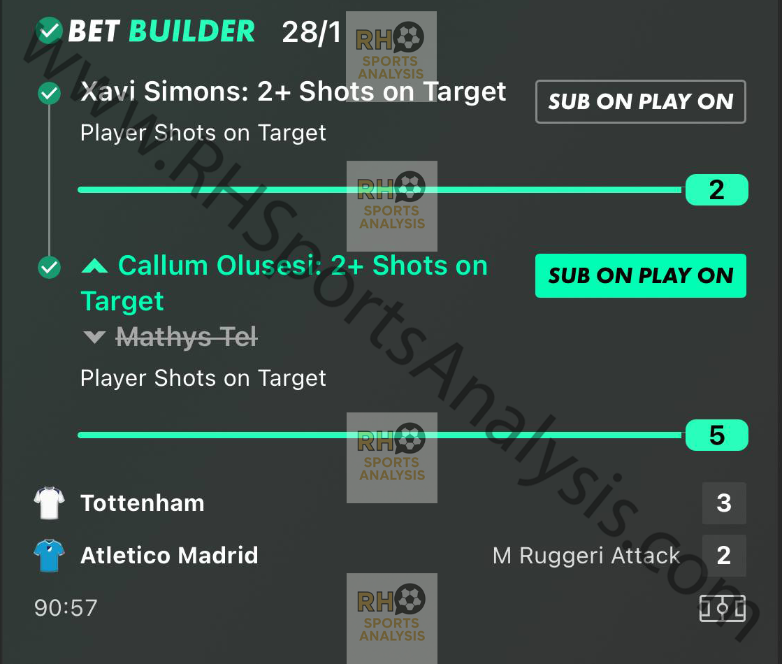 Xavi Simons and Mathys Tel 28/1 bet builder betslip Tottenham vs Atletico Madrid Champions League