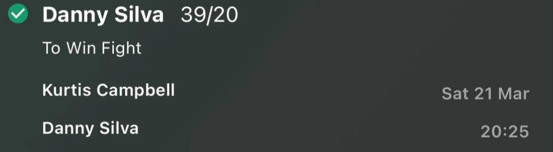 Danny Silva To Win Fight betslip at 39/20 UFC Fight Night London