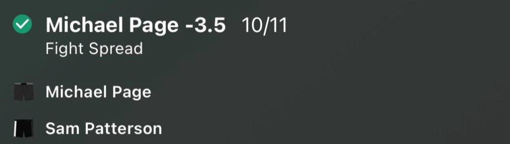 Michael Page minus 3.5 Fight Spread betslip at 10/11 UFC Fight Night London