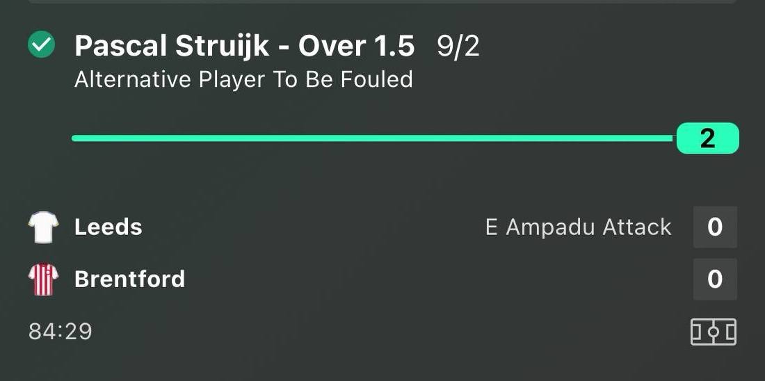 Pascal Struijk over 1.5 fouls won betslip at 9/2 Leeds vs Brentford Premier League