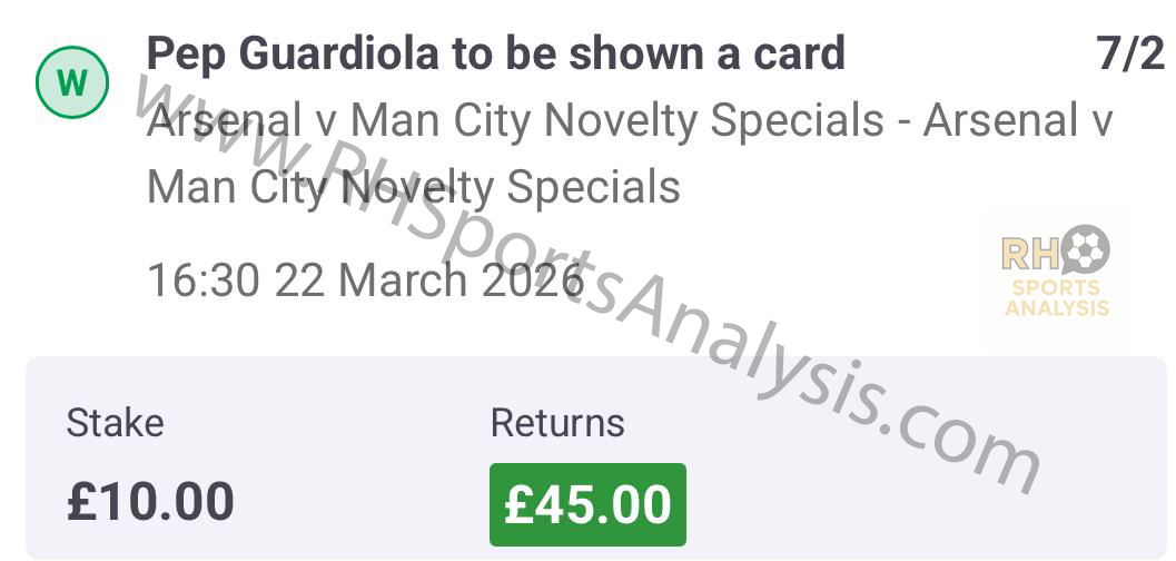 Guardiola to be shown a card betslip at 7/2 Arsenal vs Man City Carabao Cup Final
