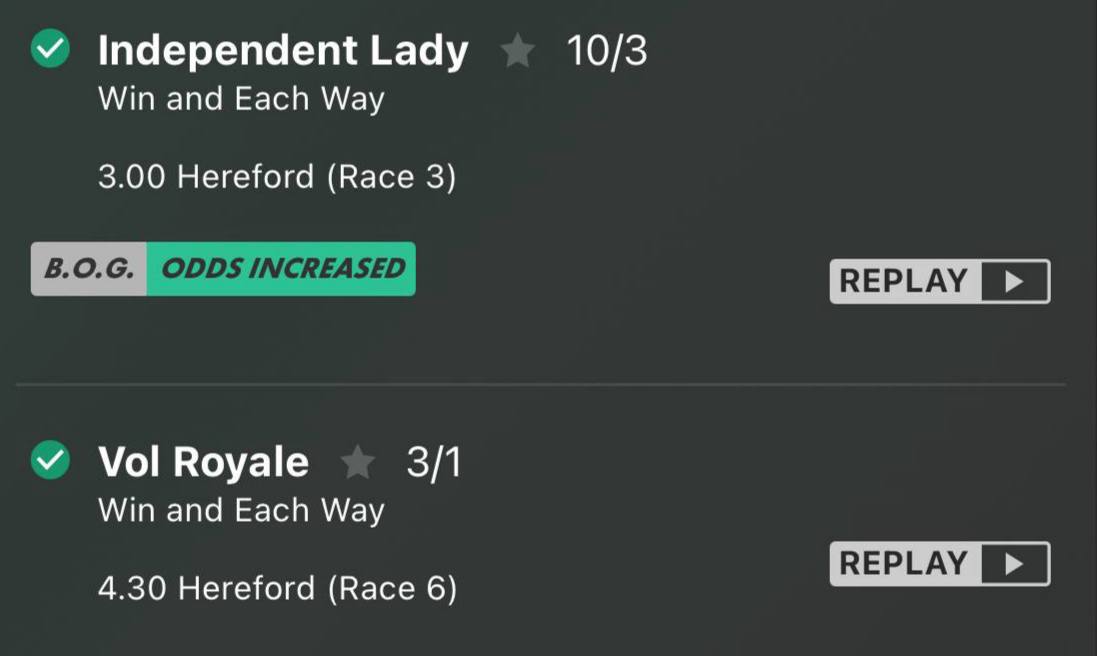 Independent Lady 10/3 and Vol Royale 3/1 horse racing winners at Hereford