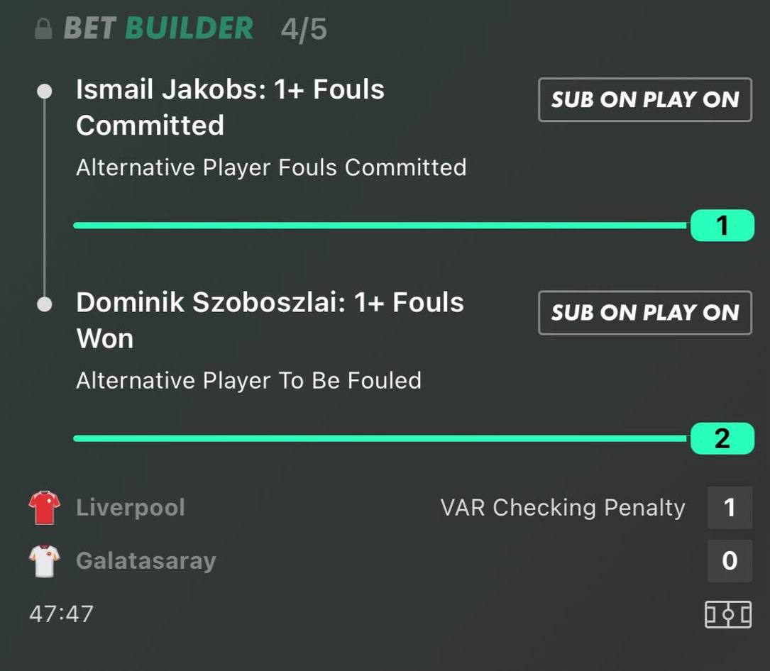 Jakobs to foul Szoboszlai bet builder betslip at 4/5 Liverpool vs Galatasaray Champions League