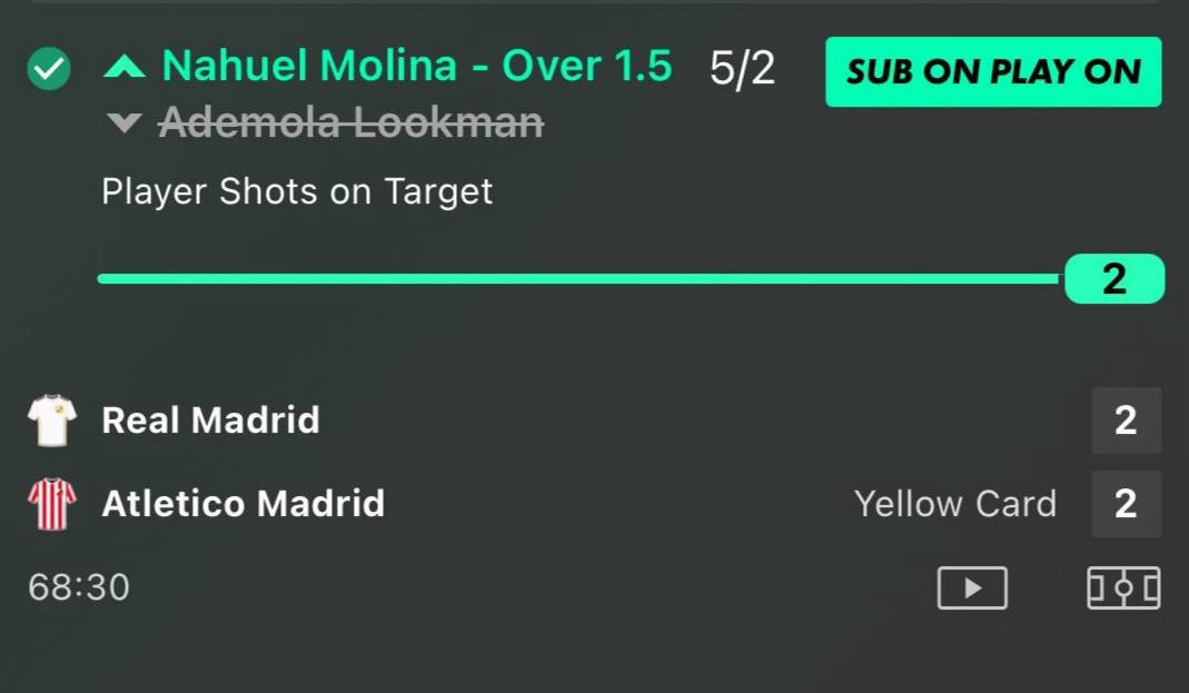 Nahuel Molina and Lookman shots on target betslip Real Madrid vs Atletico Madrid La Liga