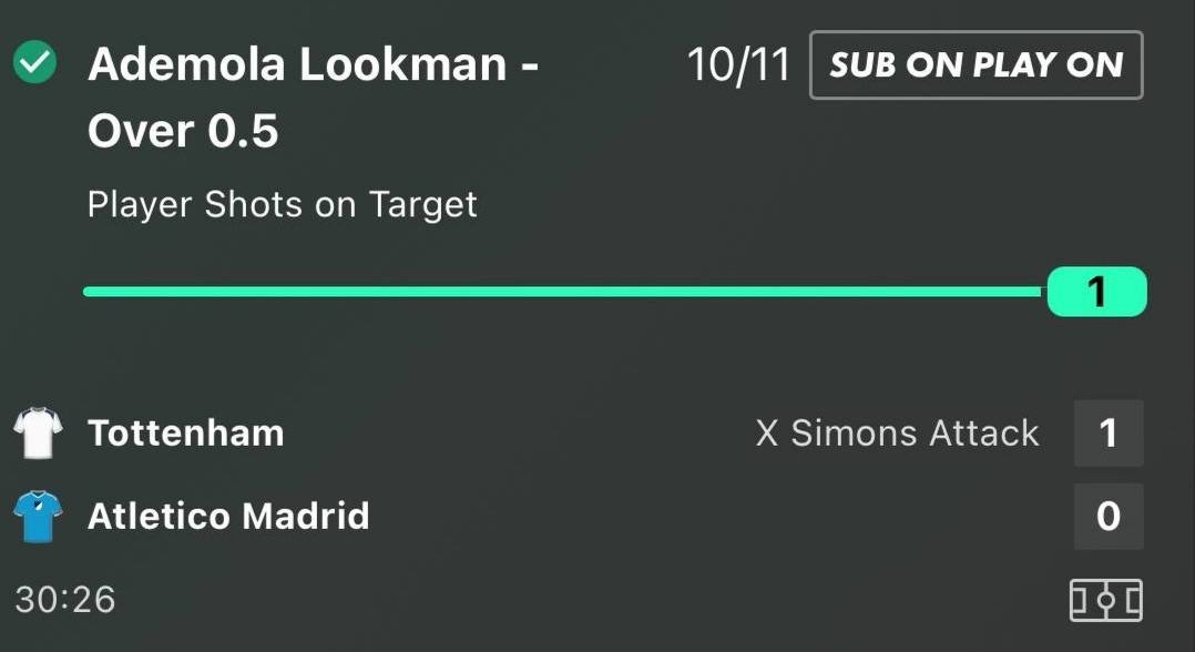 Lookman shot on target betslip at 10/11 Tottenham vs Atletico Madrid Champions League