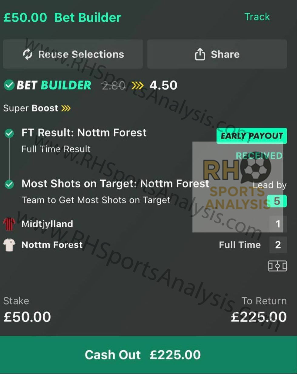 Nottingham Forest bet builder betslip at 3/1 Midtjylland vs Forest Europa League