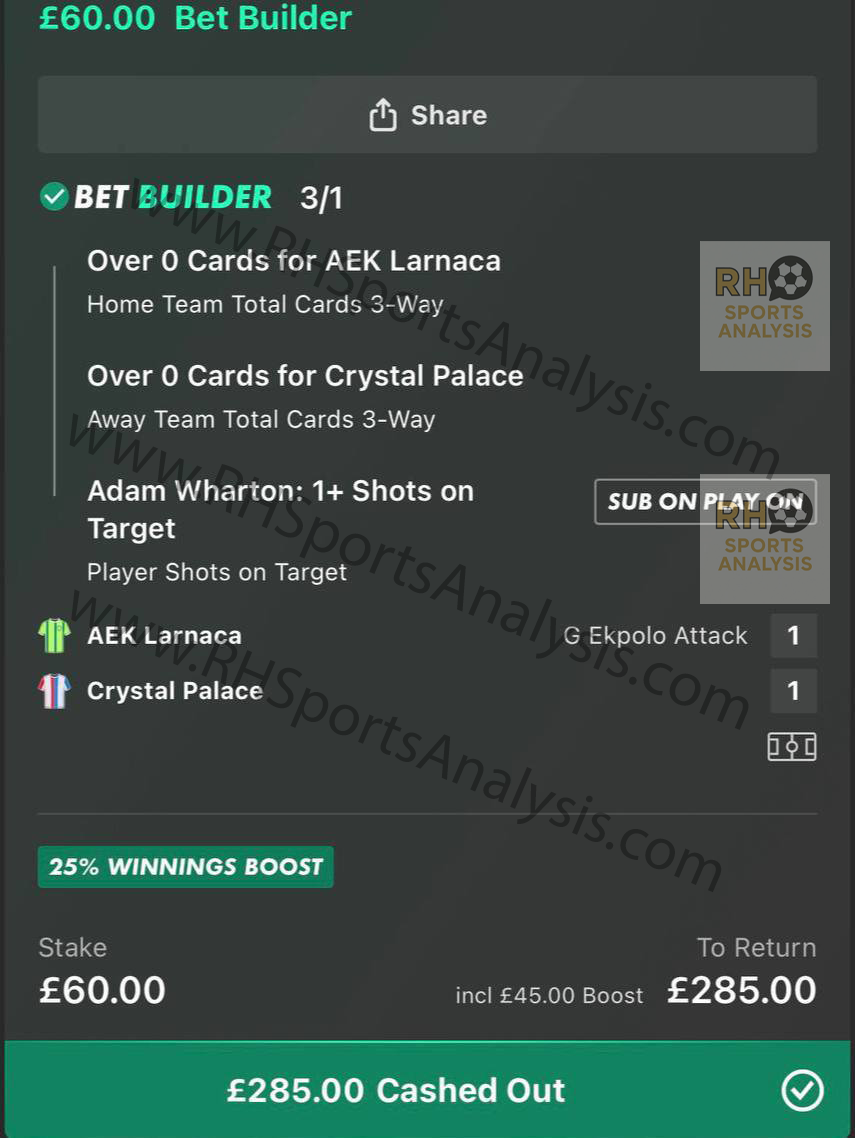 Crystal Palace bet builder betslip at 3/1 AEK Larnaca vs Crystal Palace Conference League