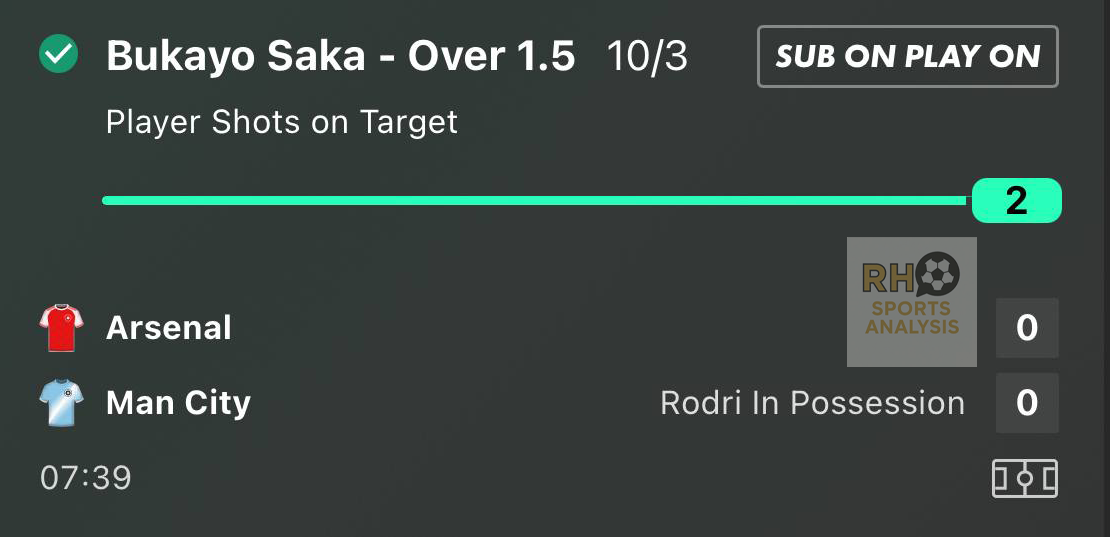 Bukayo Saka over 1.5 shots on target betslip at 10/3 Arsenal vs Man City Carabao Cup Final