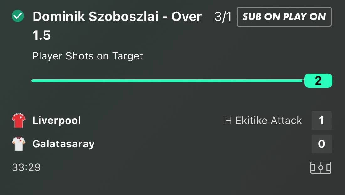 Szoboszlai over 1.5 shots on target betslip at 3/1 Liverpool vs Galatasaray Champions League