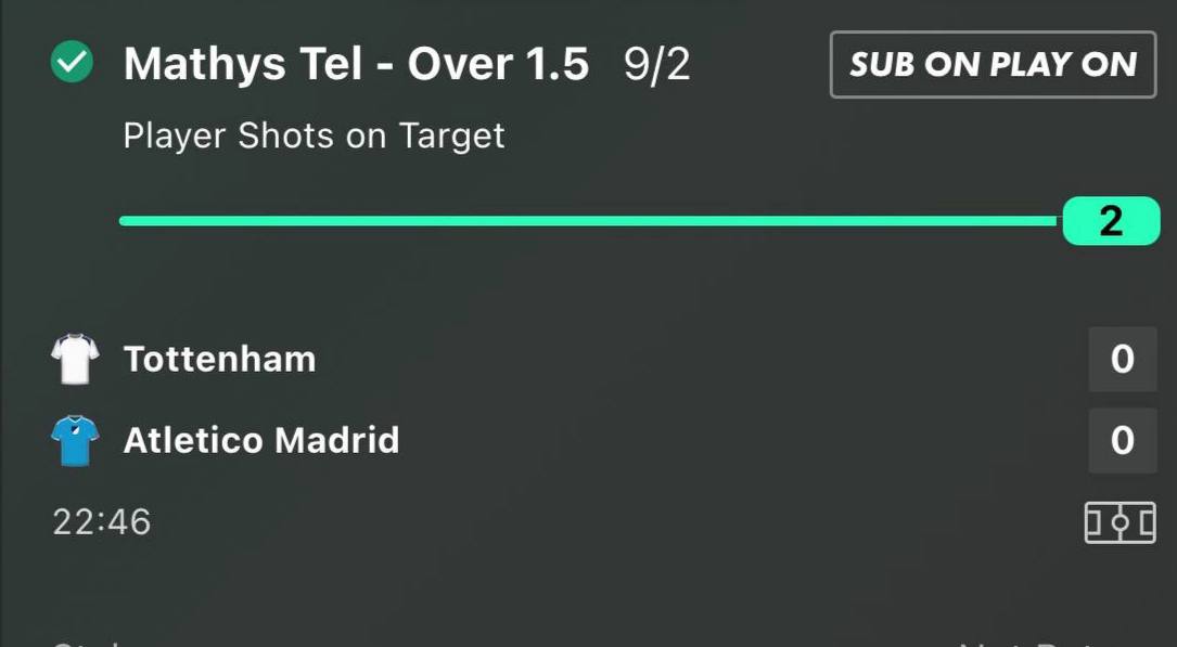 Mathys Tel over 1.5 shots on target betslip at 9/2 Tottenham vs Atletico Madrid Champions League