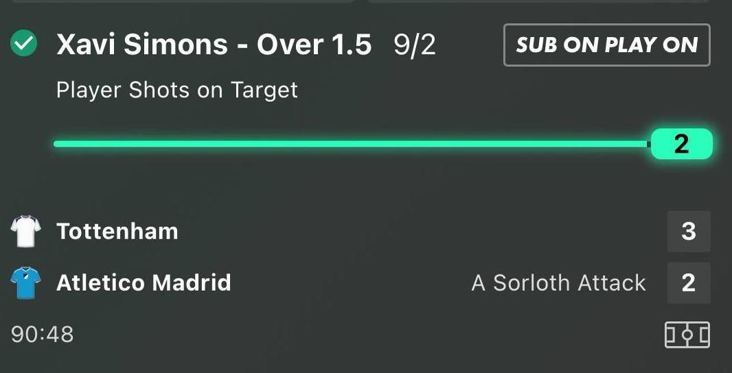 Xavi Simons over 1.5 shots on target betslip at 9/2 Tottenham vs Atletico Madrid Champions League