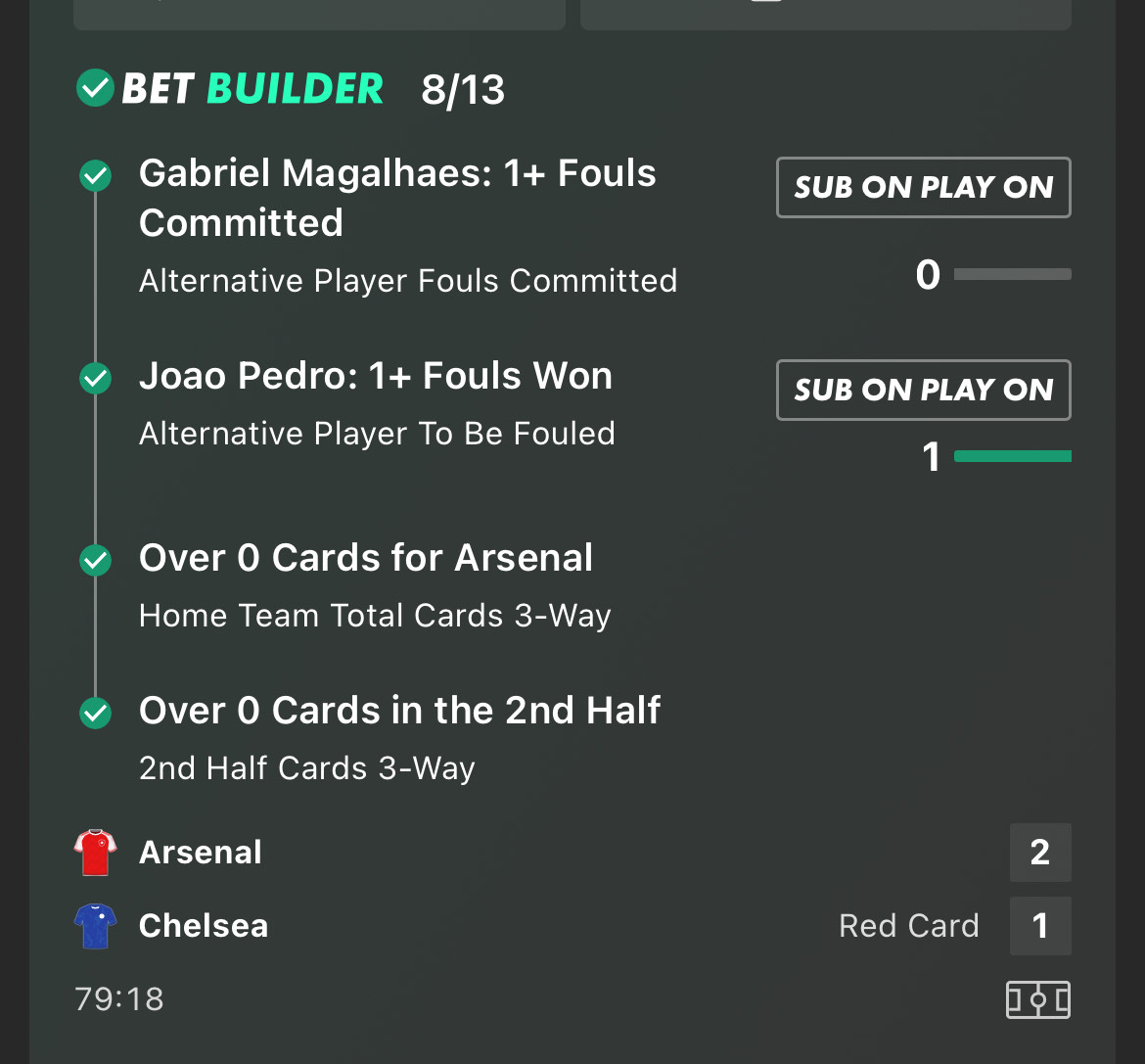 Gabriel fouls committed Joao Pedro fouls won Arsenal cards builder winner at 8/13 Arsenal vs Chelsea