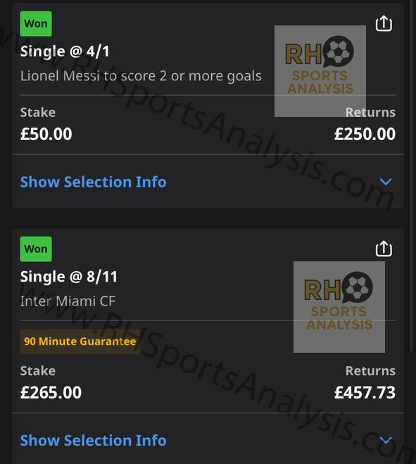 Lionel Messi to score 2 or more goals winner at 4/1 Orlando City vs Inter Miami MLS