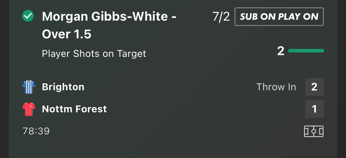 Morgan Gibbs-White over 1.5 shots on target winner at 7/2 Brighton vs Nottingham Forest Premier League