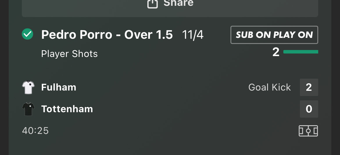 Pedro Porro over 1.5 shots winner at 11/4 Fulham vs Tottenham Premier League