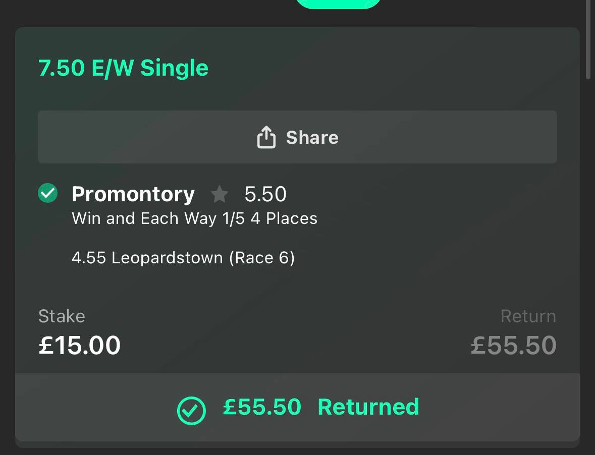 Promontory each way winner at 9/2 4:55 Leopardstown insider info horse racing