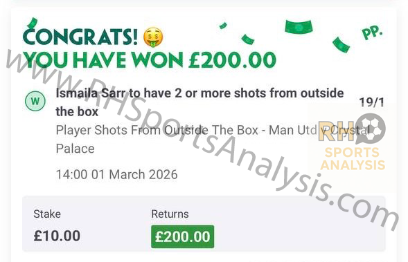 Ismaila Sarr 2 or more shots outside the box winner at 19/1 Manchester United vs Crystal Palace