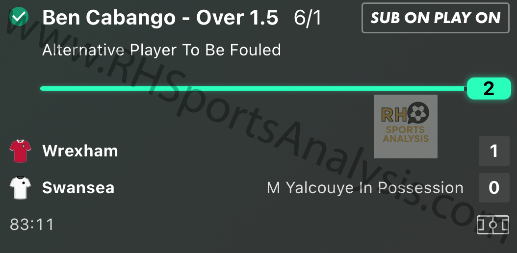 Ben Cabango over 1.5 fouls won winner at 6/1 Wrexham vs Swansea Championship Welsh derby