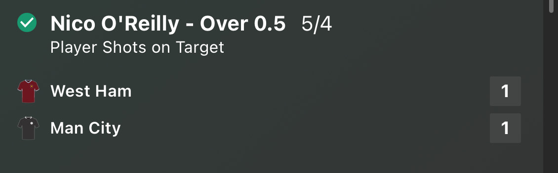Nico O Reilly over 0.5 shots on target winner at 5/4 West Ham vs Man City Premier League