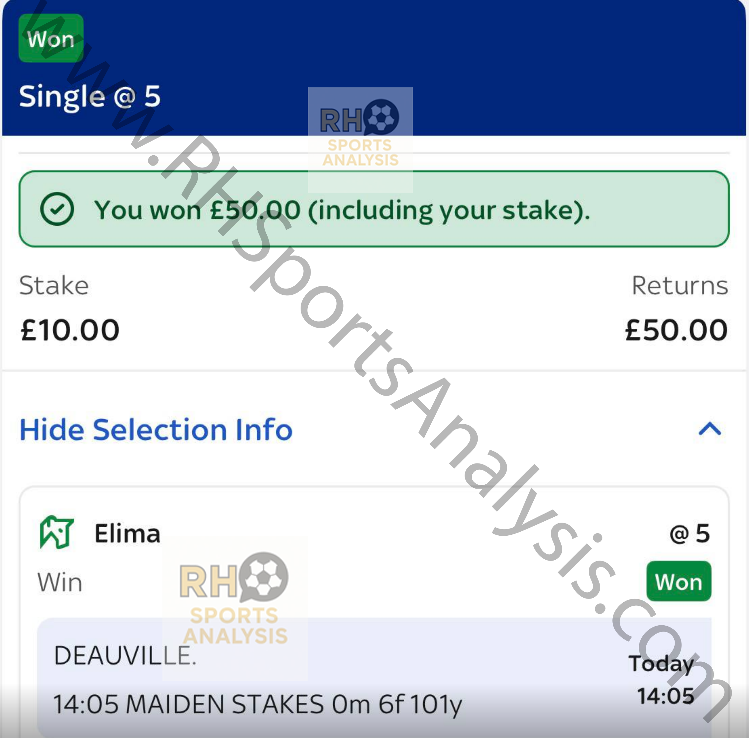 Winning bet slip showing Elima at 5/1 at Deauville 14:05 Maiden Stakes, returning £50 from £10 stake