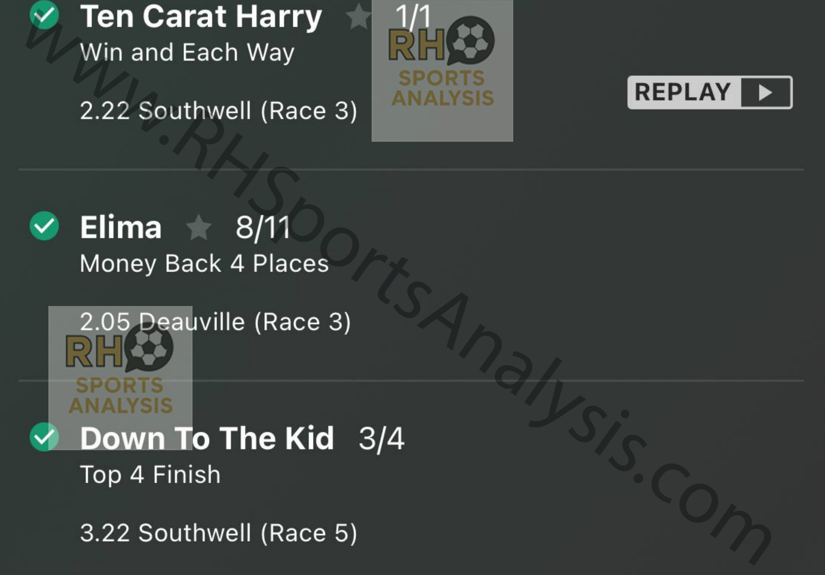 All Sports horse racing selections showing three winners with green checkmarks - Ten Carat Harry, Elima and Down To The Kid