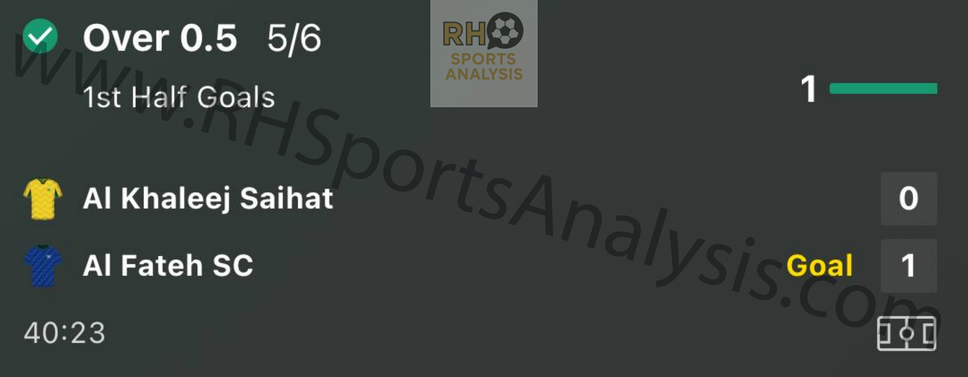 Al Khaleej vs Al Fateh Over 0.5 first half goals winning bet at 5/6