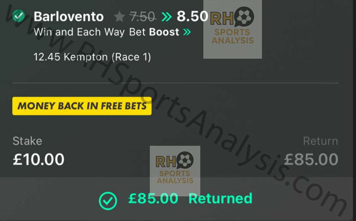 Barlovento winning bet slip at 8.50 odds - Kempton Boxing Day 2025