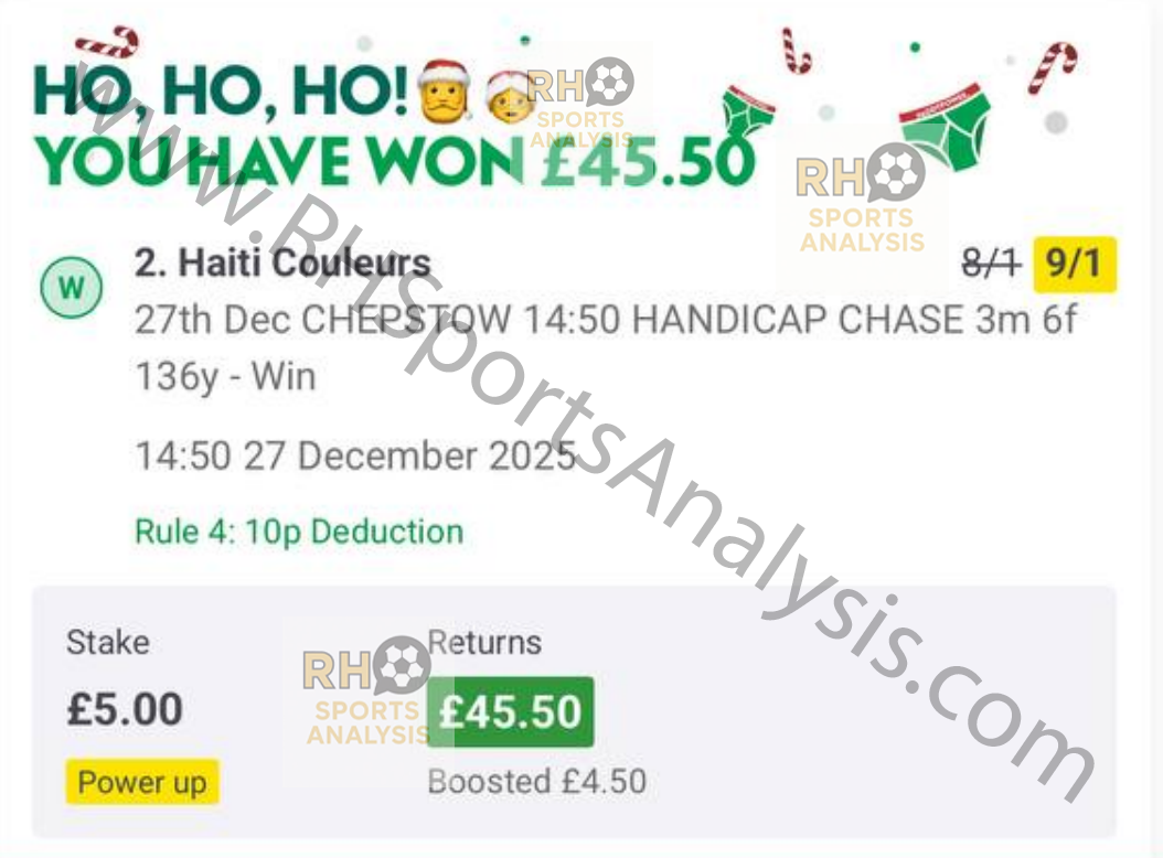 Haiti Couleurs winning bet slip at 9/1 odds - Welsh Grand National Chepstow December 27 2025